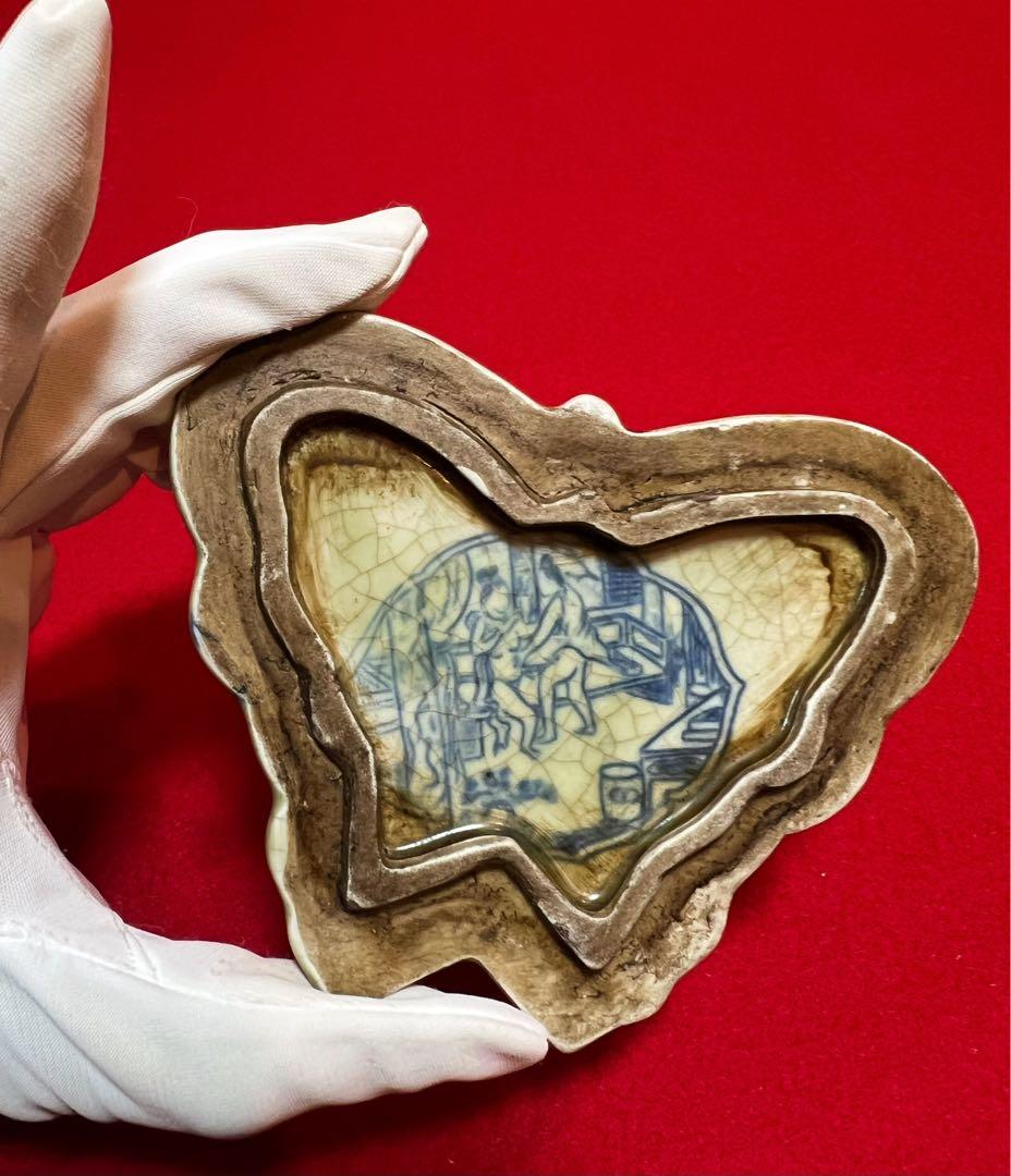 中国美術 古玩 道光年製 山水 人物 獅子紋樣春宫人物蝶々 蓋合 香合 小物入れ