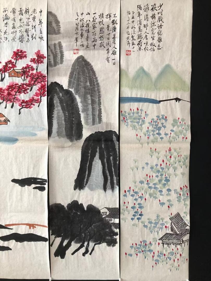 中国美術・純手描き四連山水画芯・水墨画・斉白石印款・肉筆・宣紙・茶道・国画・文房