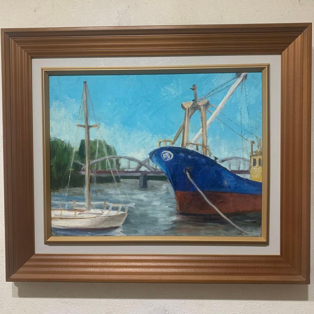絵画　油彩肉筆画『港風景画』F6