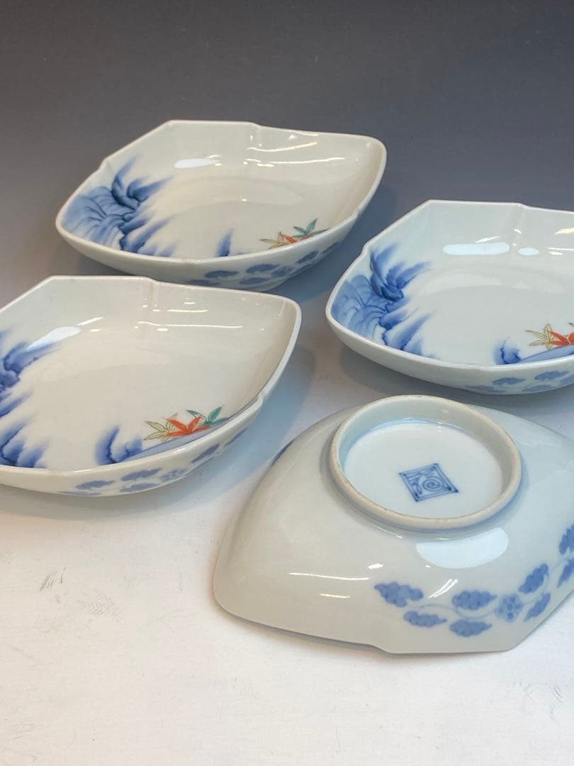 柿右衛門 染錦流水紅葉文菱形皿4客 角福在銘 古作