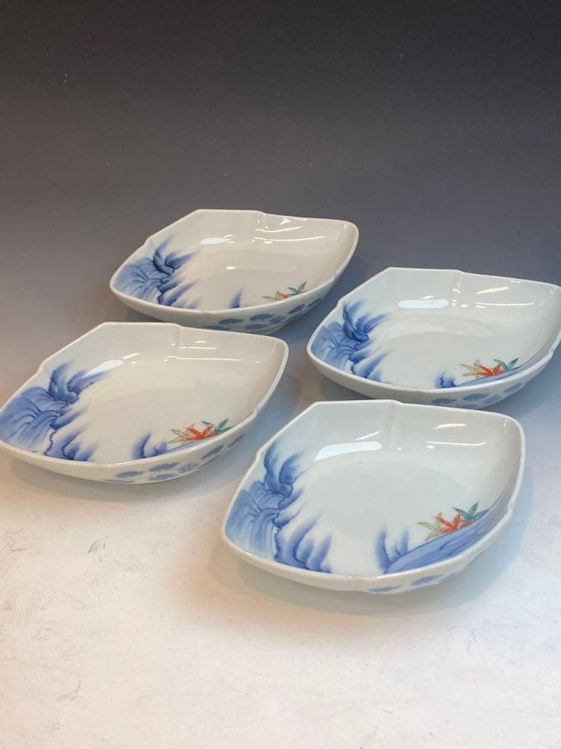 柿右衛門 染錦流水紅葉文菱形皿4客 角福在銘 古作