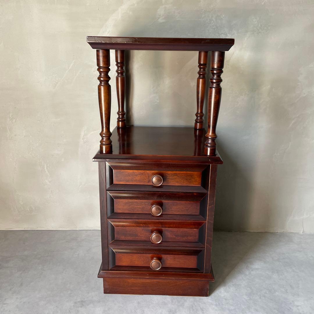 木製　桜材　ダークブラウン　電話台　民芸家具　抽斗４杯　アンティーク風　レトロ