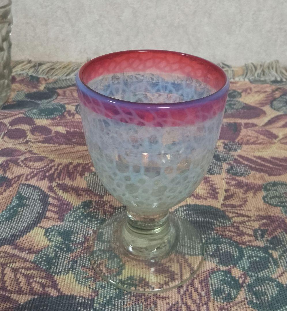 大正時代 乳白赤縁 輪つなぎ文様 なつめ型 太脚 氷コップ