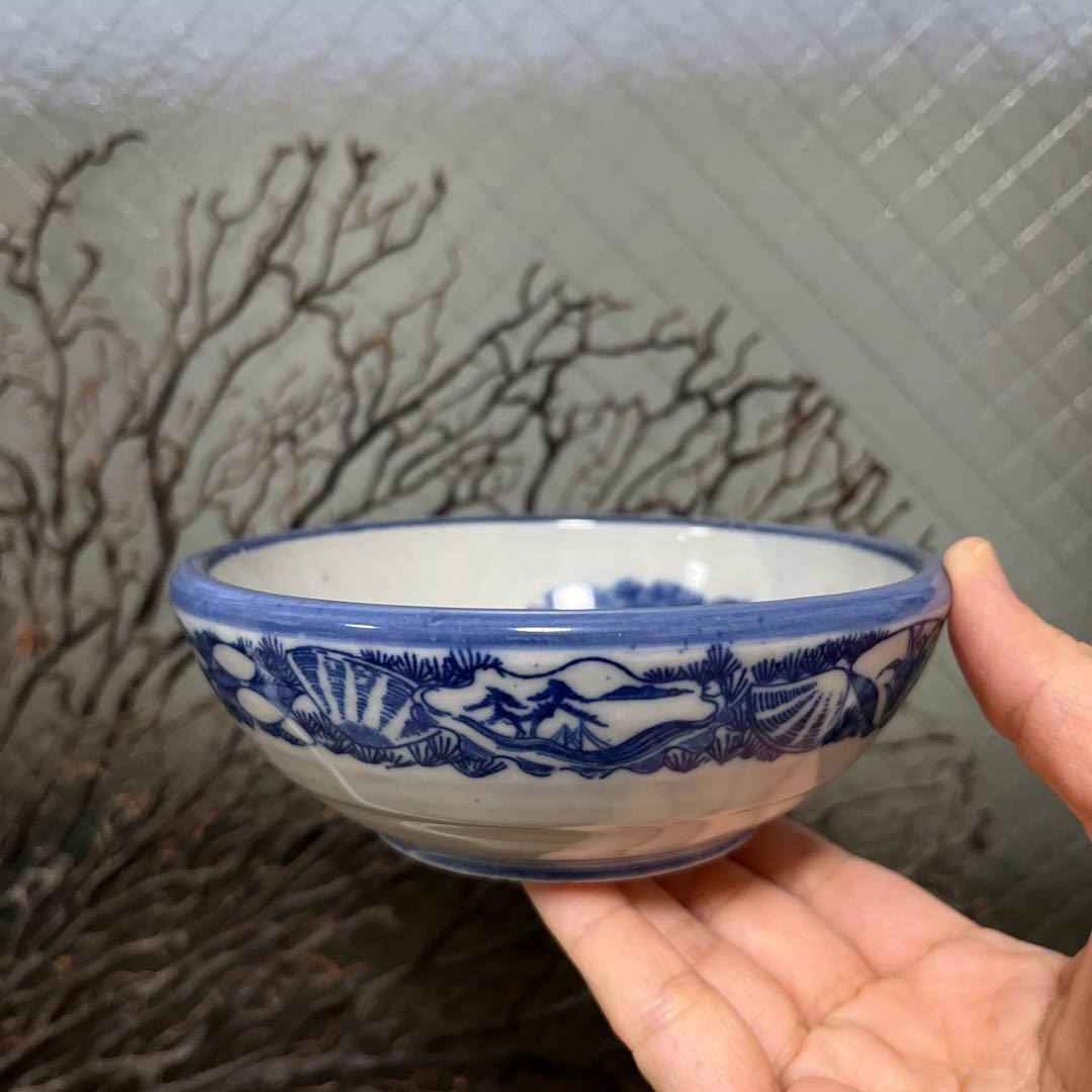 骨董　古伊万里　図変わり印判　動物　波乗り兎　老松　貝フチ　丸鉢　膾皿　１客