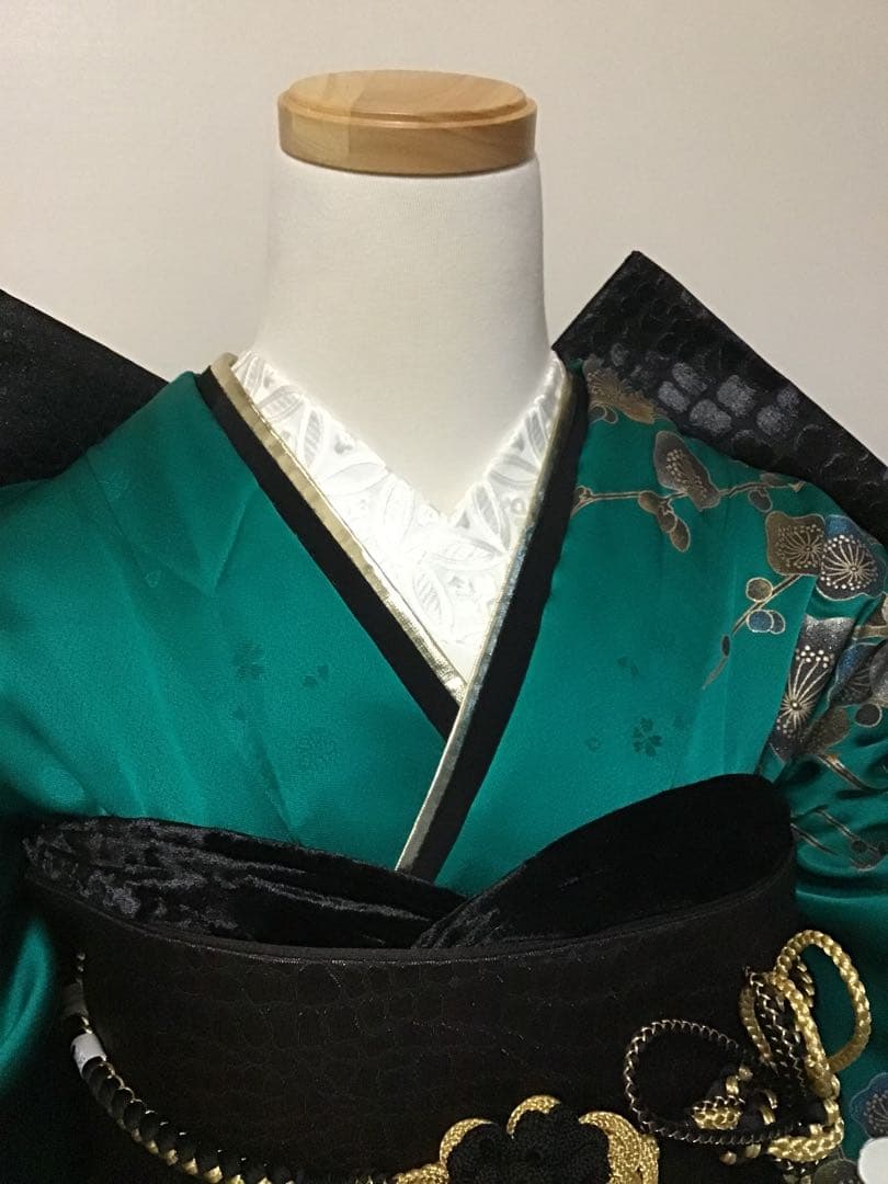 振袖フルセット　豪華　正絹　緑　金銀彩　梅　振袖6点セット　成人式