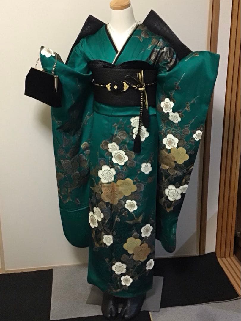 振袖フルセット　豪華　正絹　緑　金銀彩　梅　振袖6点セット　成人式