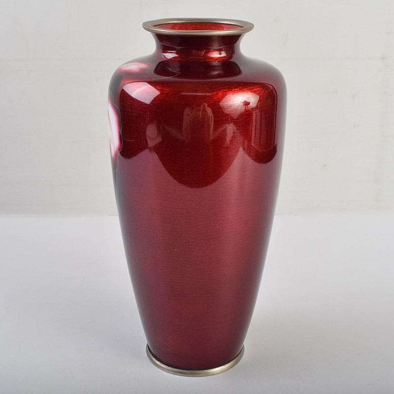 七宝焼　安藤七宝店　赤透釉　カトレア文　花瓶　C　R9409