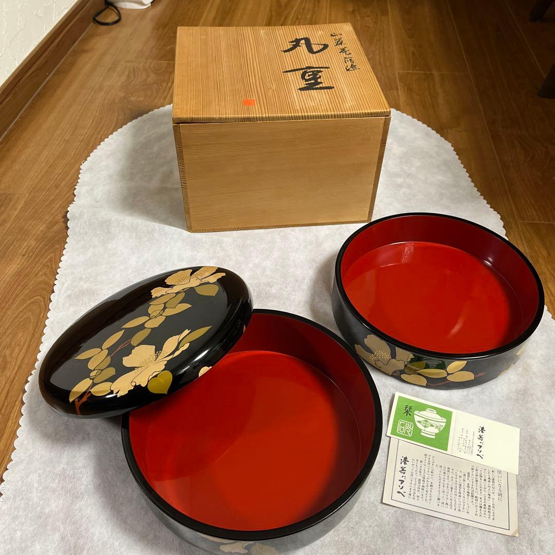 漆器のアソベ 木箱付き 山茶花蒔絵丸重