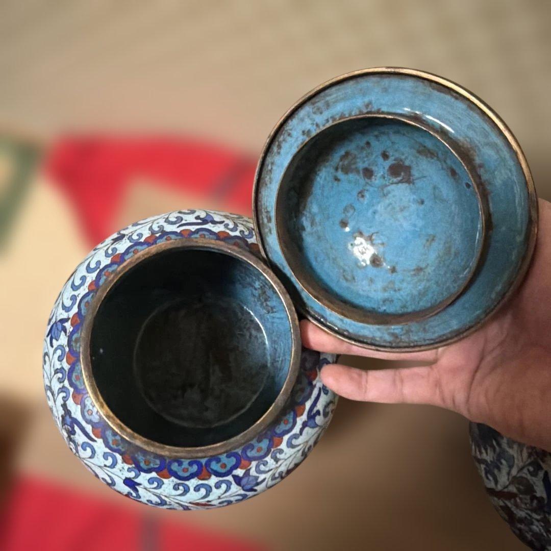 中国古美術　骨董品　七宝焼　蓋付き壺一対　保管箱