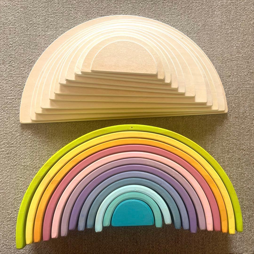 【知育玩具】虹色レインボーアーチ積み木➕白木半円盤セット木製