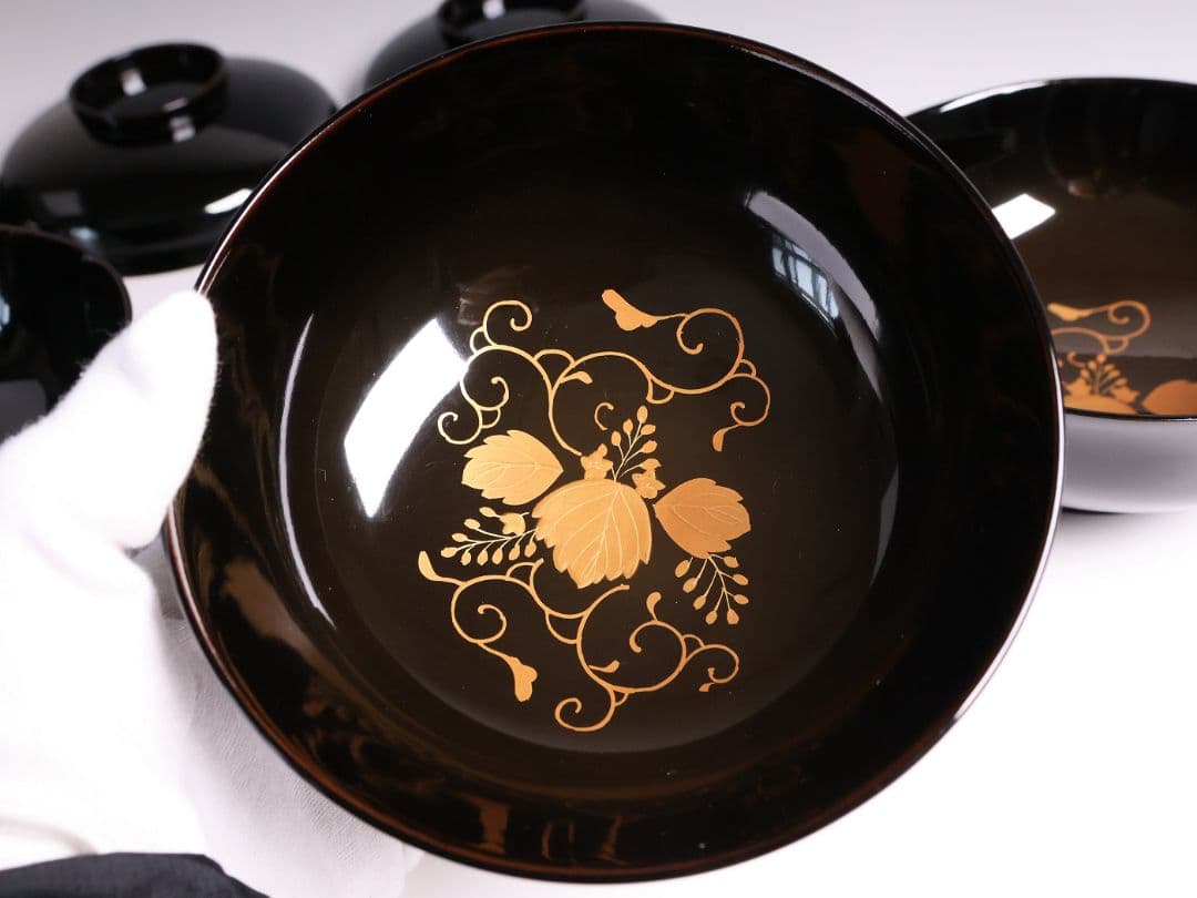 【MB194】天然木漆塗 鳳凰桐唐草 金蒔絵 黒塗 吸物椀 三客 大正昭和