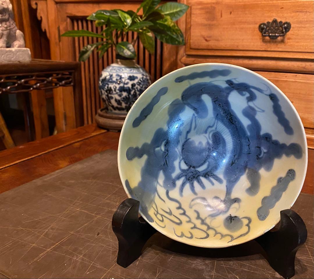 中国汕頭・スワトウ　龍　絵皿　鑑賞台付 沈船品ヴィンテージ　レア ・台湾茶器