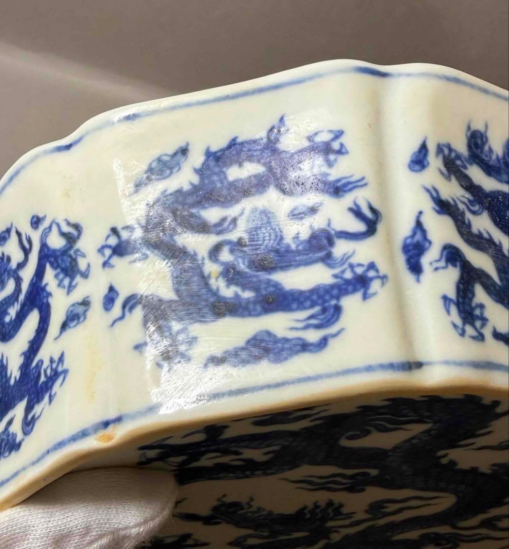 中国 染付龍の絵十菱盤　f2260103