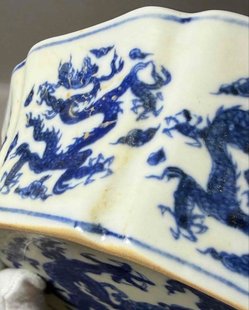 中国 染付龍の絵十菱盤　f2260103