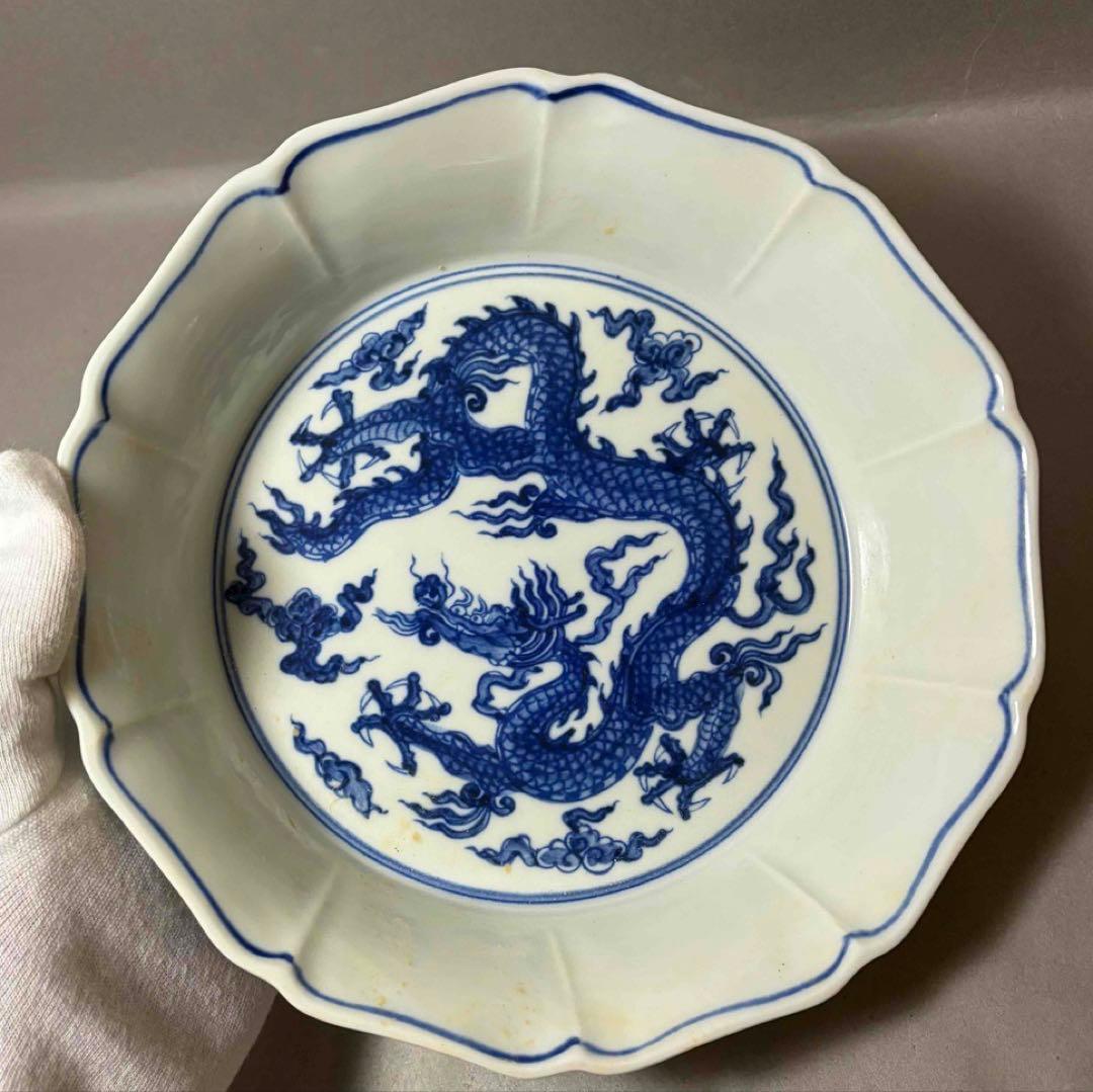 中国 染付龍の絵十菱盤　f2260103