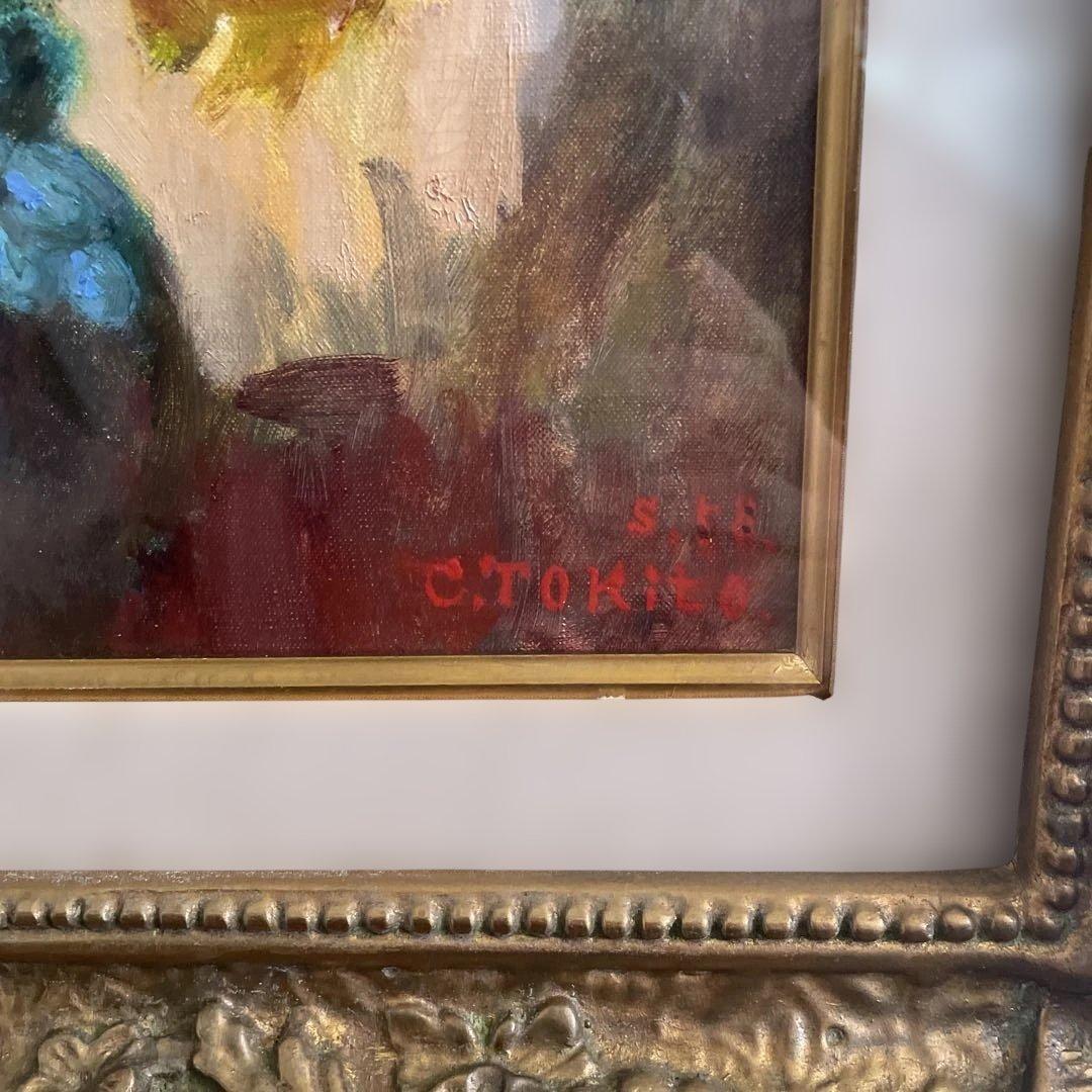 花の油彩画 S.A. サイン付き