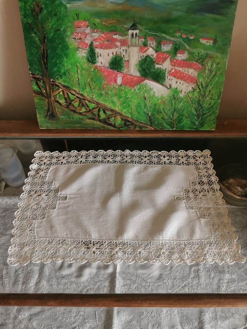 アンティークイギリス ホワイトニードルワークsabaレース梯子刺繍リネンクロス