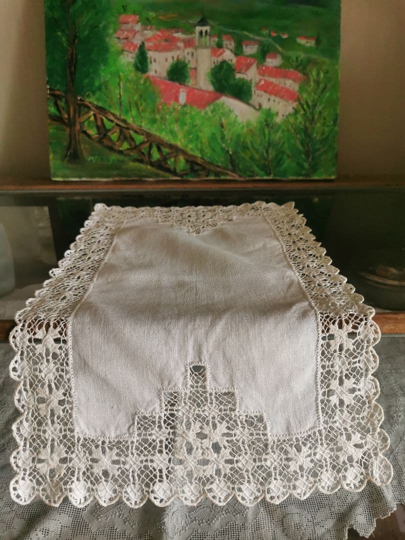 アンティークイギリス ホワイトニードルワークsabaレース梯子刺繍リネンクロス