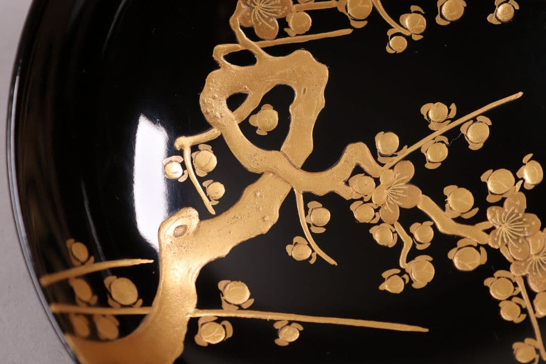 【CM233】古い木皿 五客 梅 金蒔絵 黒塗 小皿 菓子皿 木製漆器 大正昭和