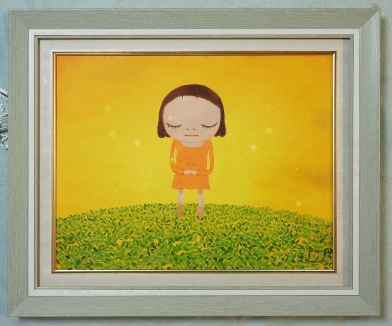 人物画　油絵　奈良美智　女の子と草原　F6　額付き　手描き　肉筆