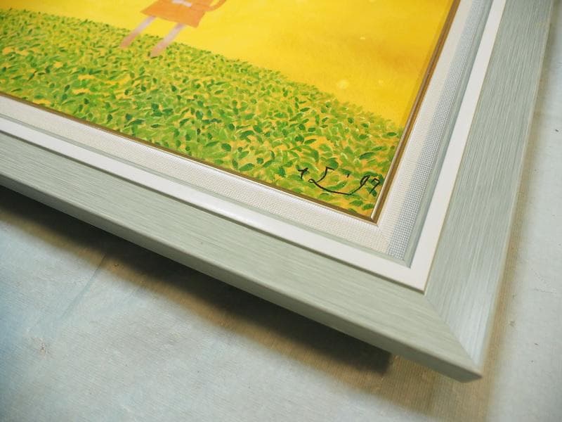 人物画　油絵　奈良美智　女の子と草原　F6　額付き　手描き　肉筆