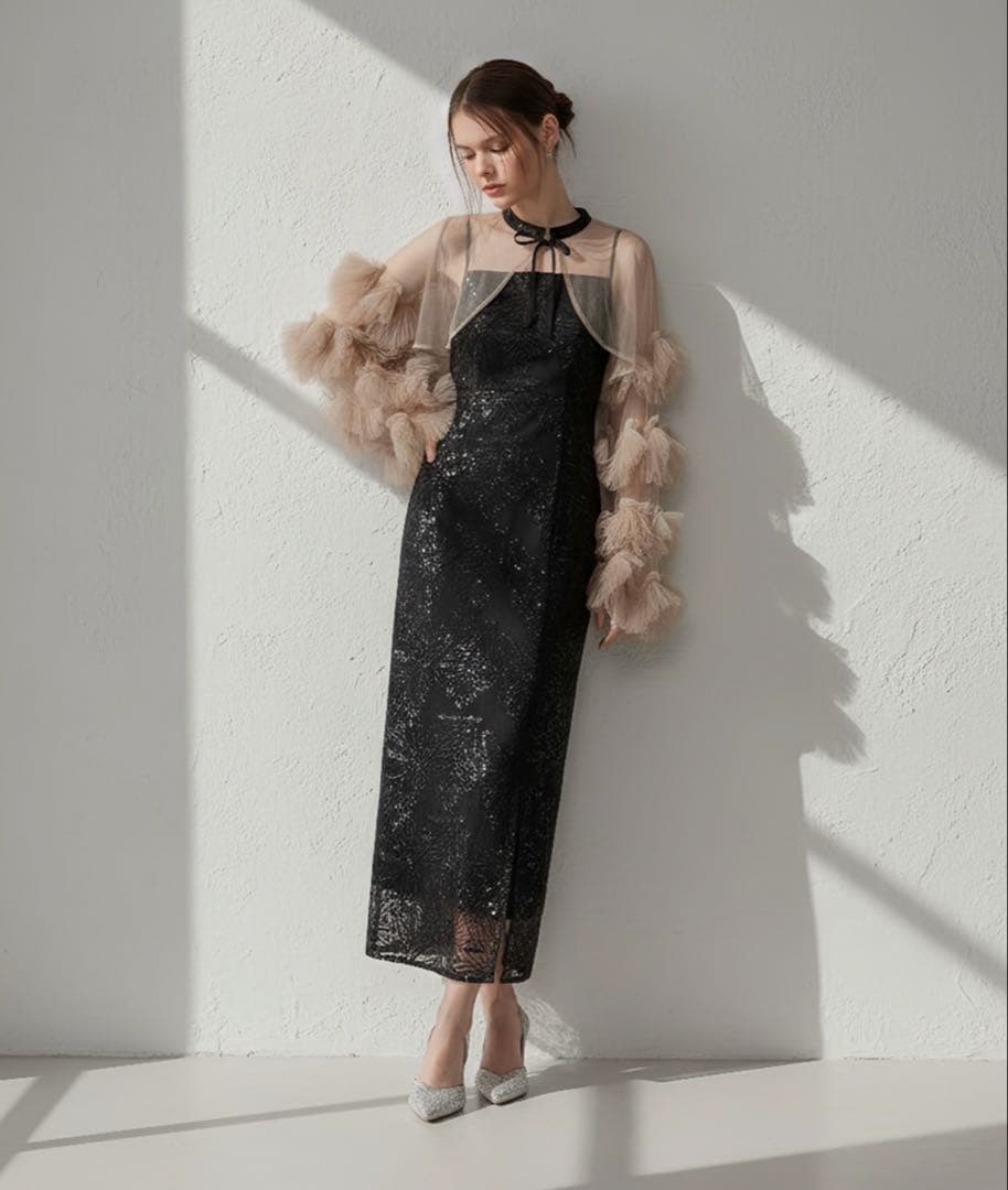 【新品】leja フリルチュールスリーブリボンIラインワンピースドレス