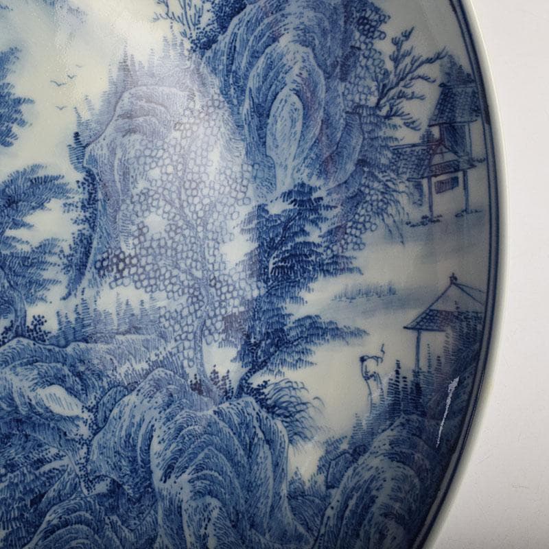 中国　景徳鎮　倣大清康煕年製　青花山水文　大鉢　大皿　C　8942A