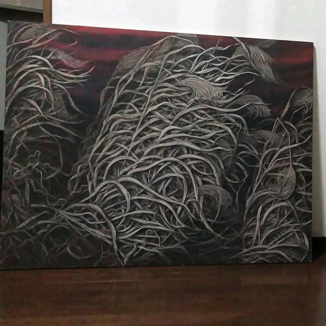 日本画　夕日に燃えるすすき