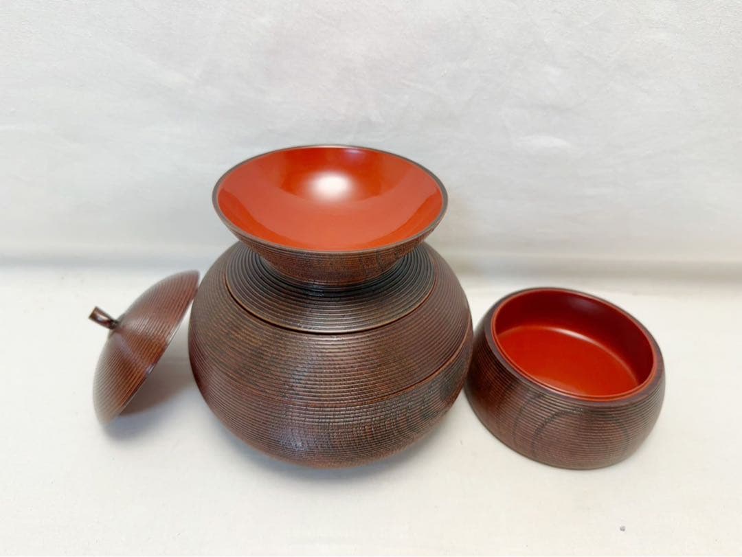 ほぼ未使用 茶道具 欅 天然木製 溜塗 千筋四段 千成瓢箪形 重箱 弁当 網