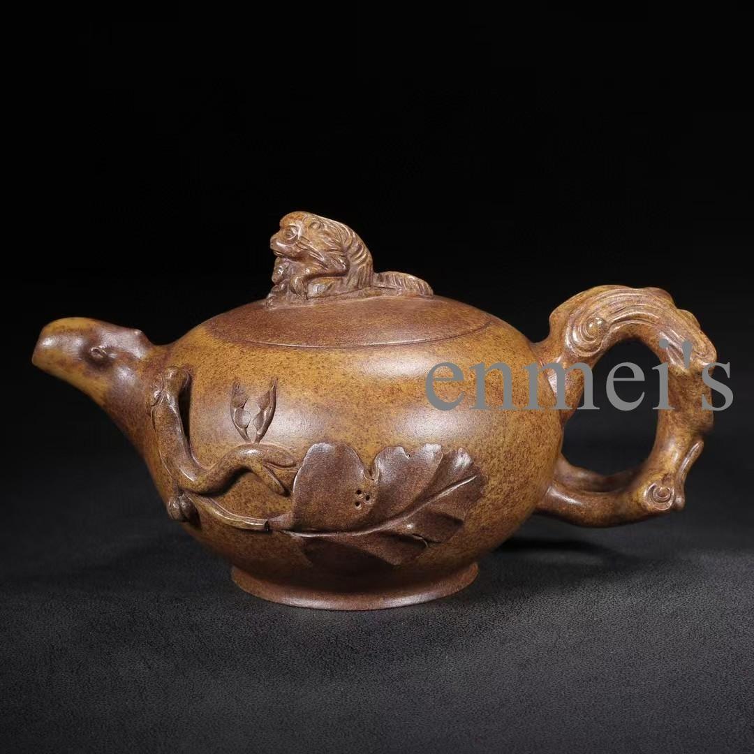 中国紫砂壺・母子獅子彫刻茶壺・底款:蒋蓉・原鉱段泥・急須・茶道具・置物・煎茶道具