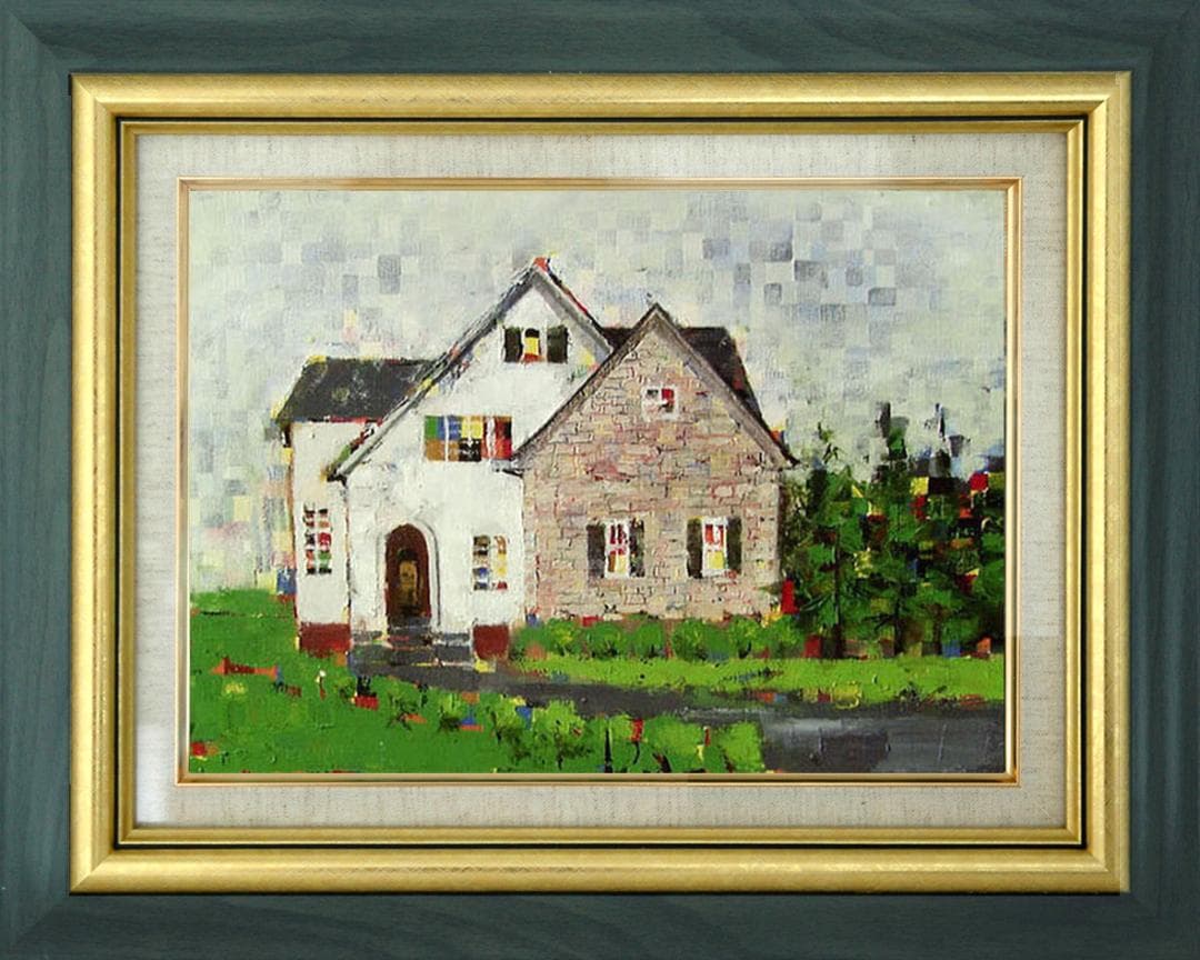 油絵 菅家令子 絵画インテリア 額付(青緑＋金色の枠) uF6-062303風景