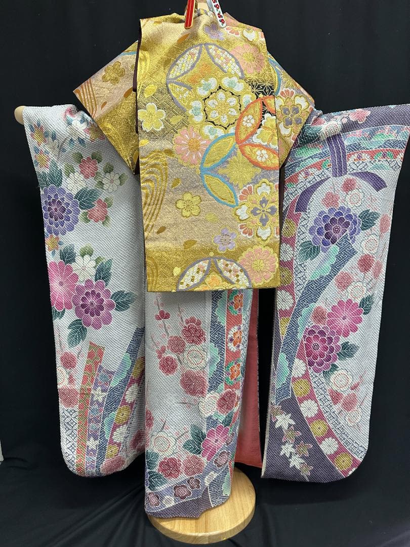藤娘きぬたや 総絞り 薄紫系 熨斗柄 小紋バック振袖 フルセット 落款あり