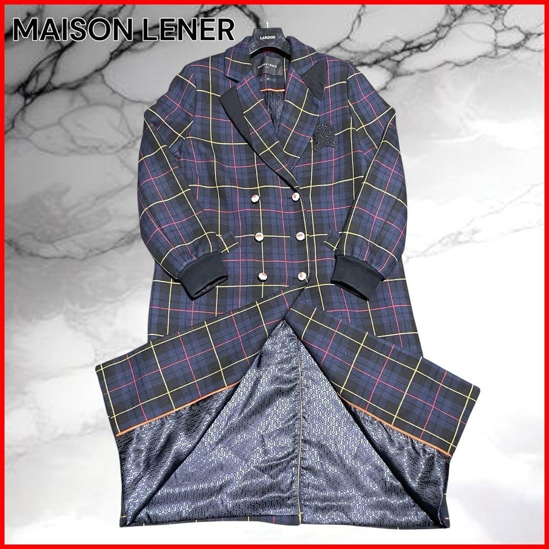 【メゾンレネール】美品チェック ダブル チェスター ロング エンブレム ネイビー