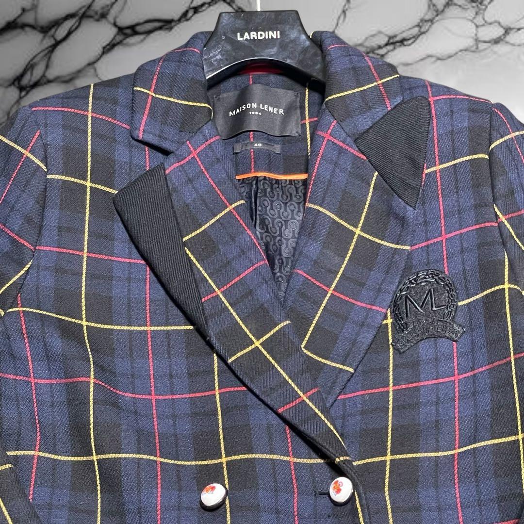 【メゾンレネール】美品チェック ダブル チェスター ロング エンブレム ネイビー