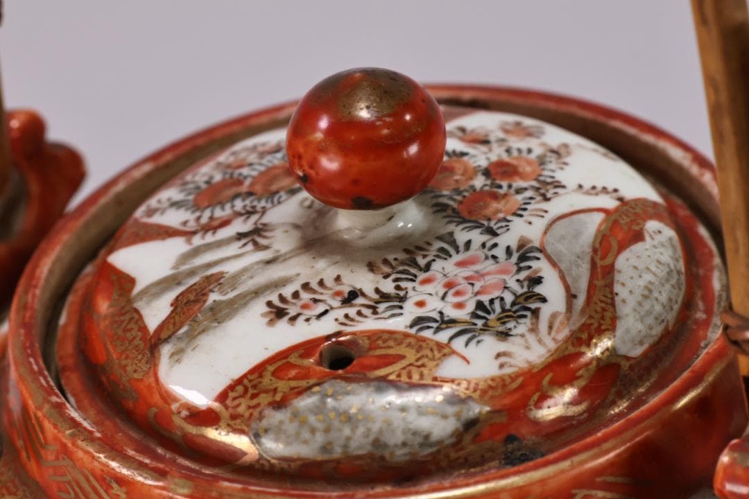 明治期　九谷造　赤絵　花鳥唐子図　注水　急須　重さ347ｇ　茶道具　煎茶道具