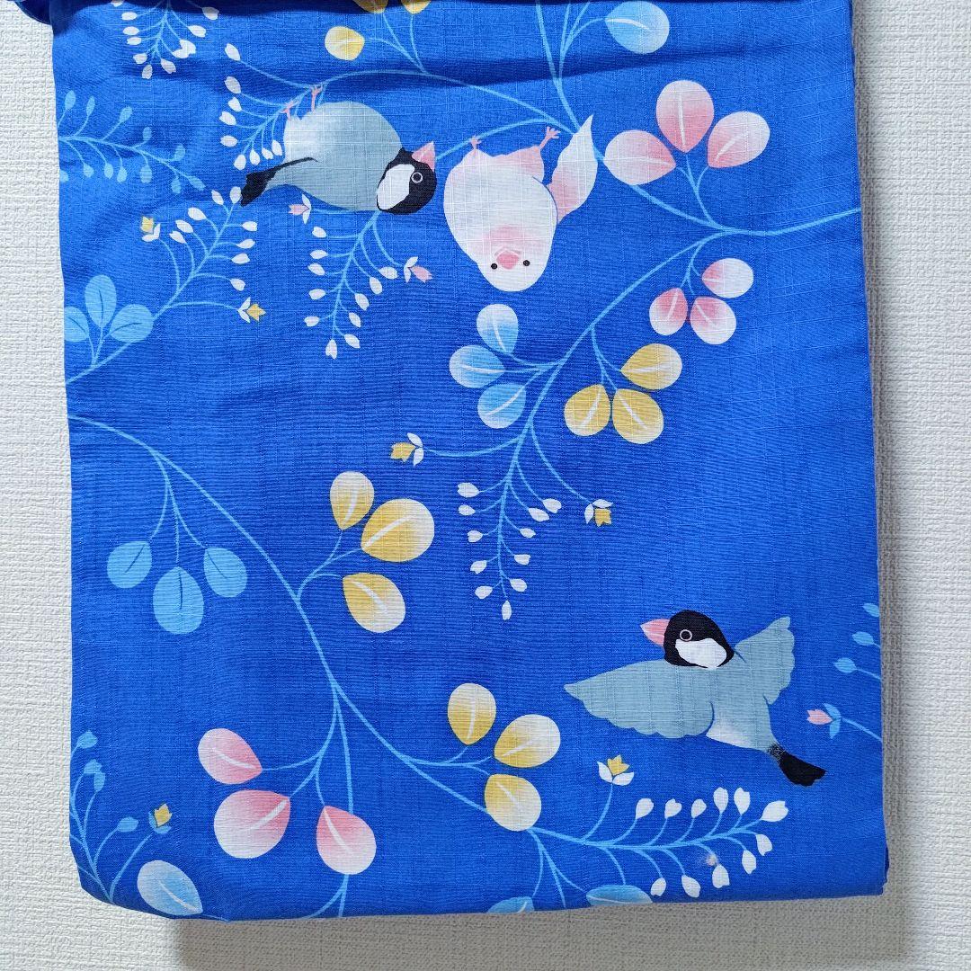 レア小鳥柄浴衣ブルー草花柄コトリカフェ監修ゆかた着物青色黒黄白水色文鳥柄ことり柄