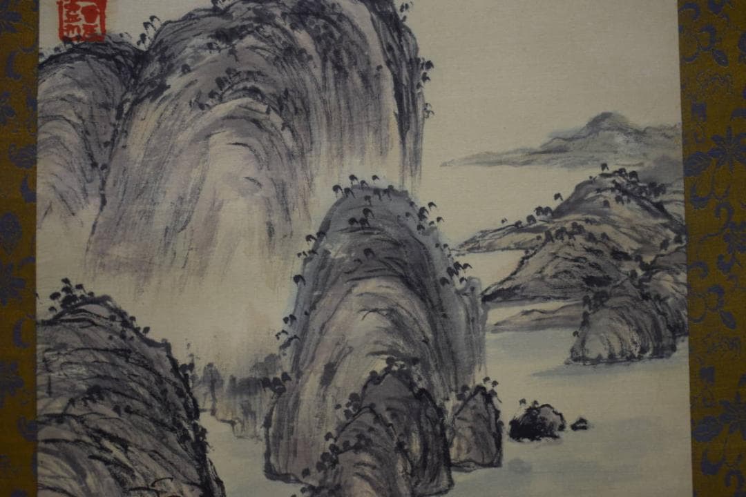 真作/李昆陽/山水画賛/舟/人物/布袋屋掛軸HJ-945