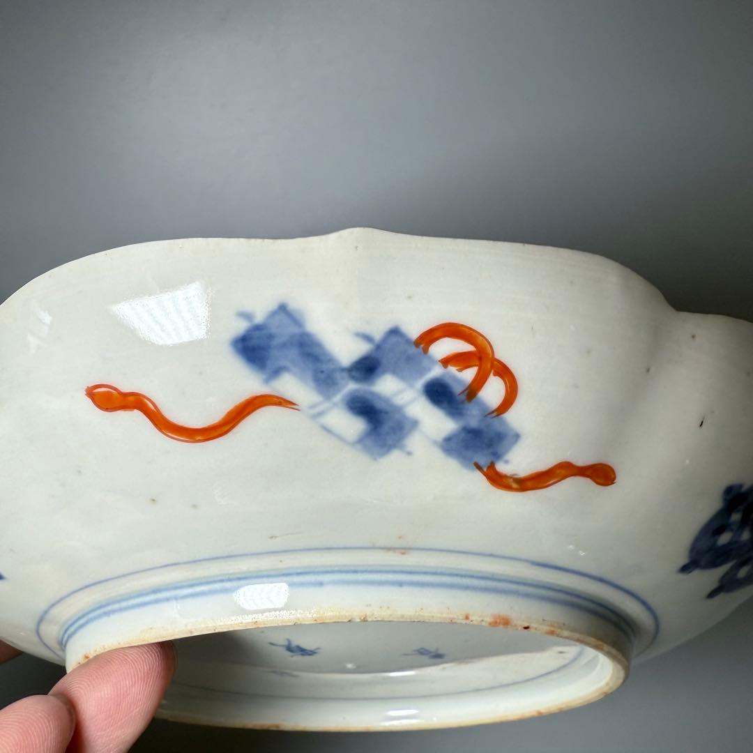 古伊万里　色絵七寸輪花形皿　冨貴長春　円龍　植物　鶴亀　直径21.6cm　江戸期