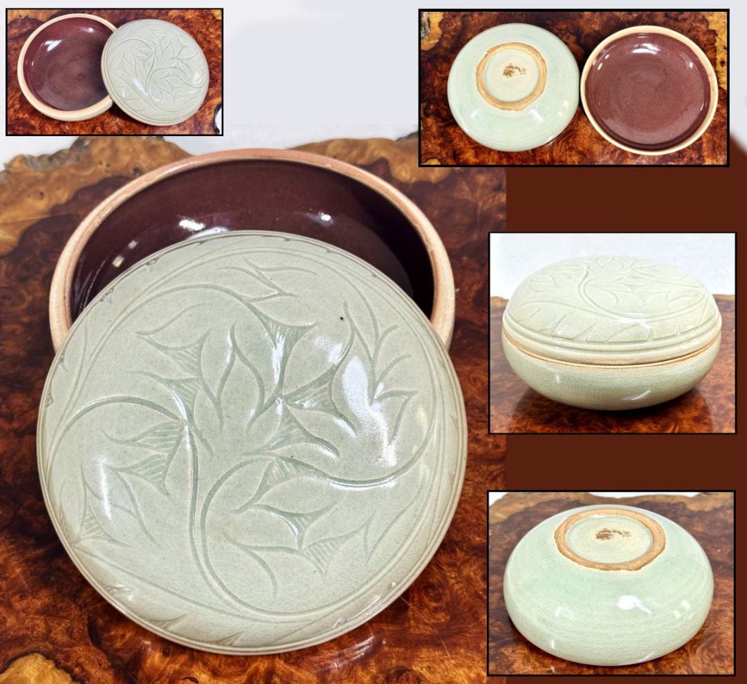 時代物 青磁刻輪花蓋物 捧合 約直径19cm 中国古玩 骨董古美術WWTT376