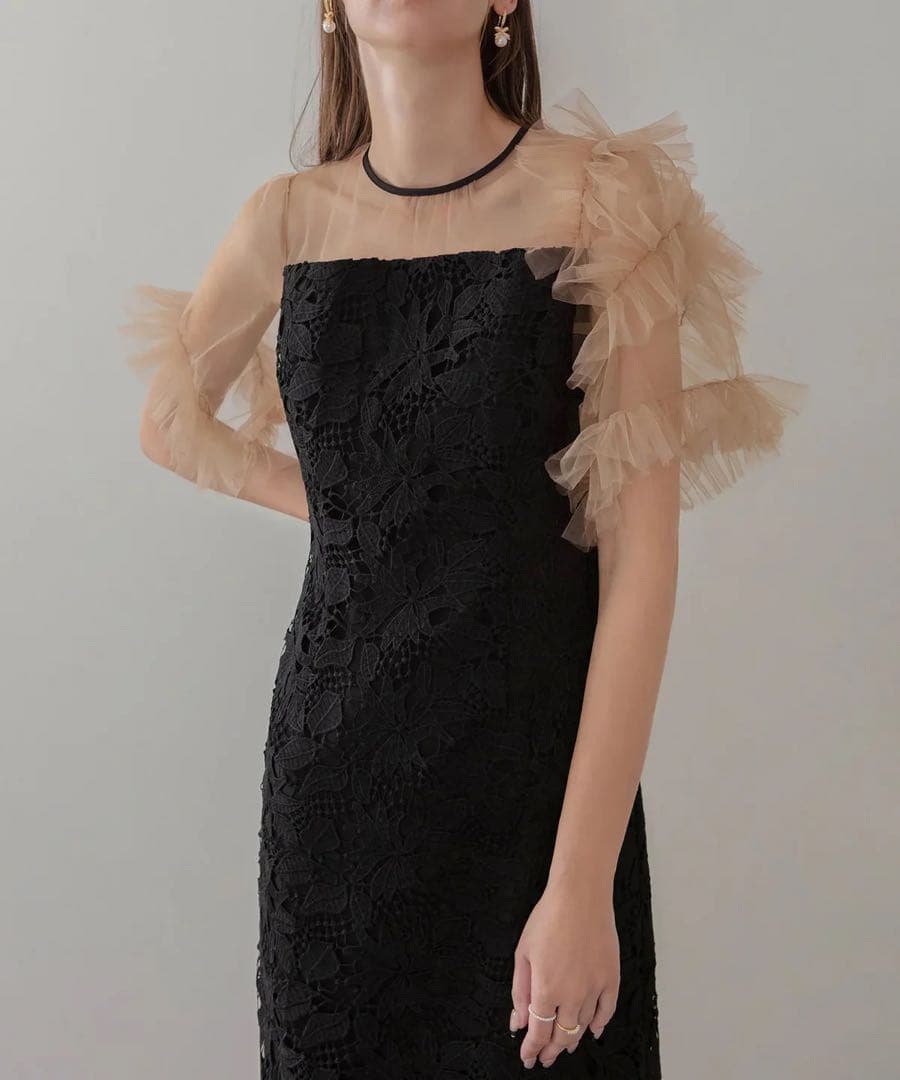 LEJA アシンメトリーチュールスリーブレースフリルヘムIラインワンピースドレス