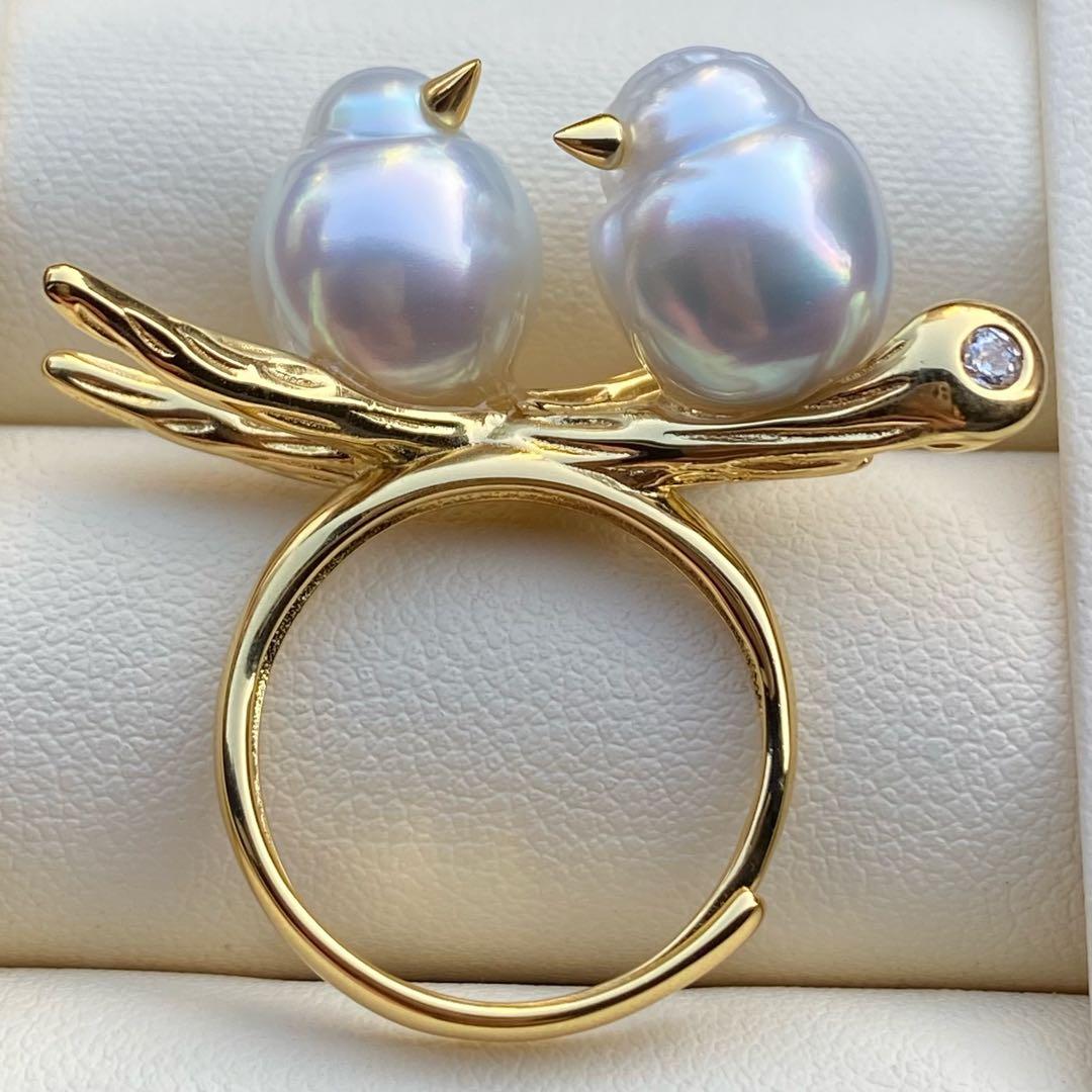 本真珠　南洋白蝶真珠ダブルリング「鳥と枝」　13.2mmホワイトL1257