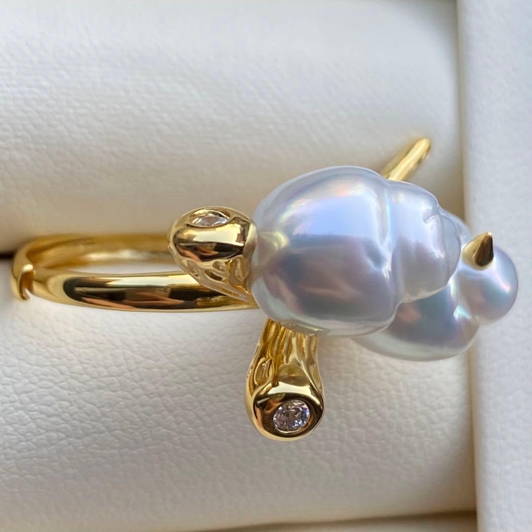 本真珠　南洋白蝶真珠ダブルリング「鳥と枝」　13.2mmホワイトL1257