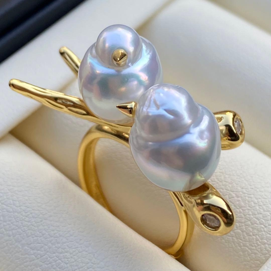 本真珠　南洋白蝶真珠ダブルリング「鳥と枝」　13.2mmホワイトL1257