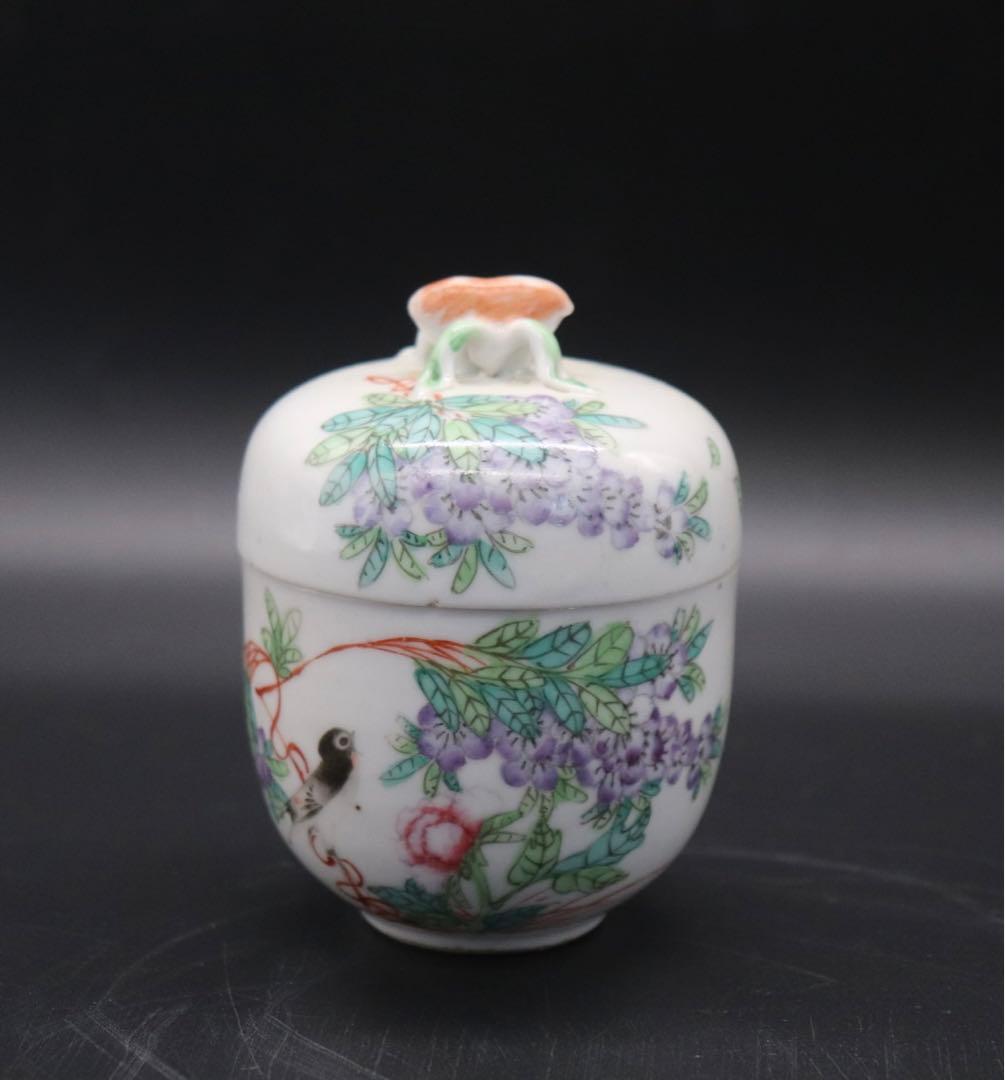 中国　民国期　粉彩花鳥紋茶入　小壺　天津豫盛號出品　送料込み0926
