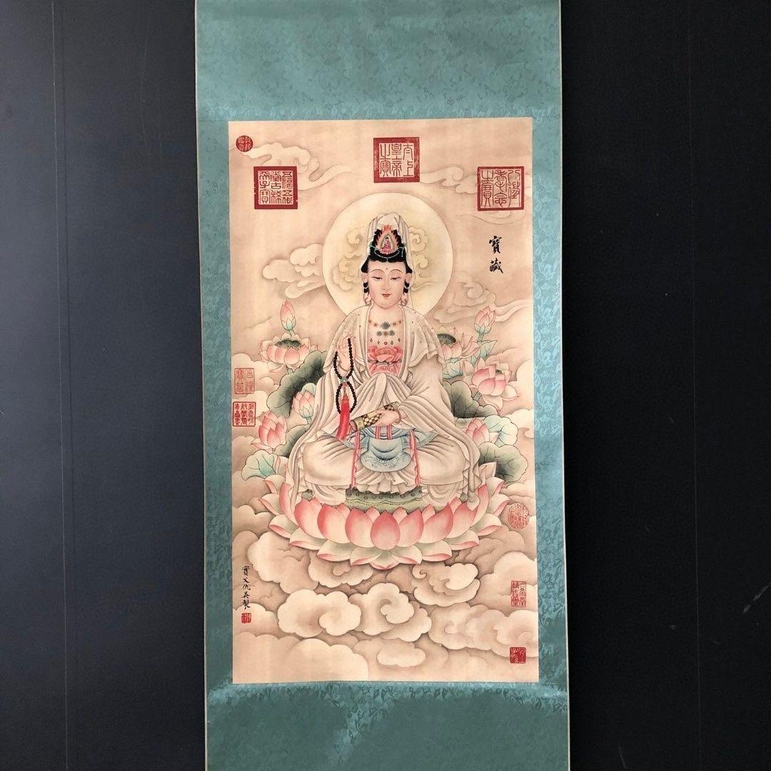 中国画 掛け軸 仏画 観音菩薩 南海観音 中堂 彩色 仏教美術 中国美術 床の間