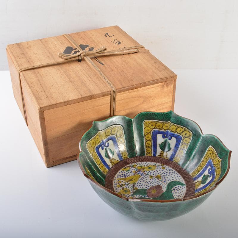 九谷焼　青手九谷　花鳥文　輪花鉢　角福銘　時代箱付　M　R6337B