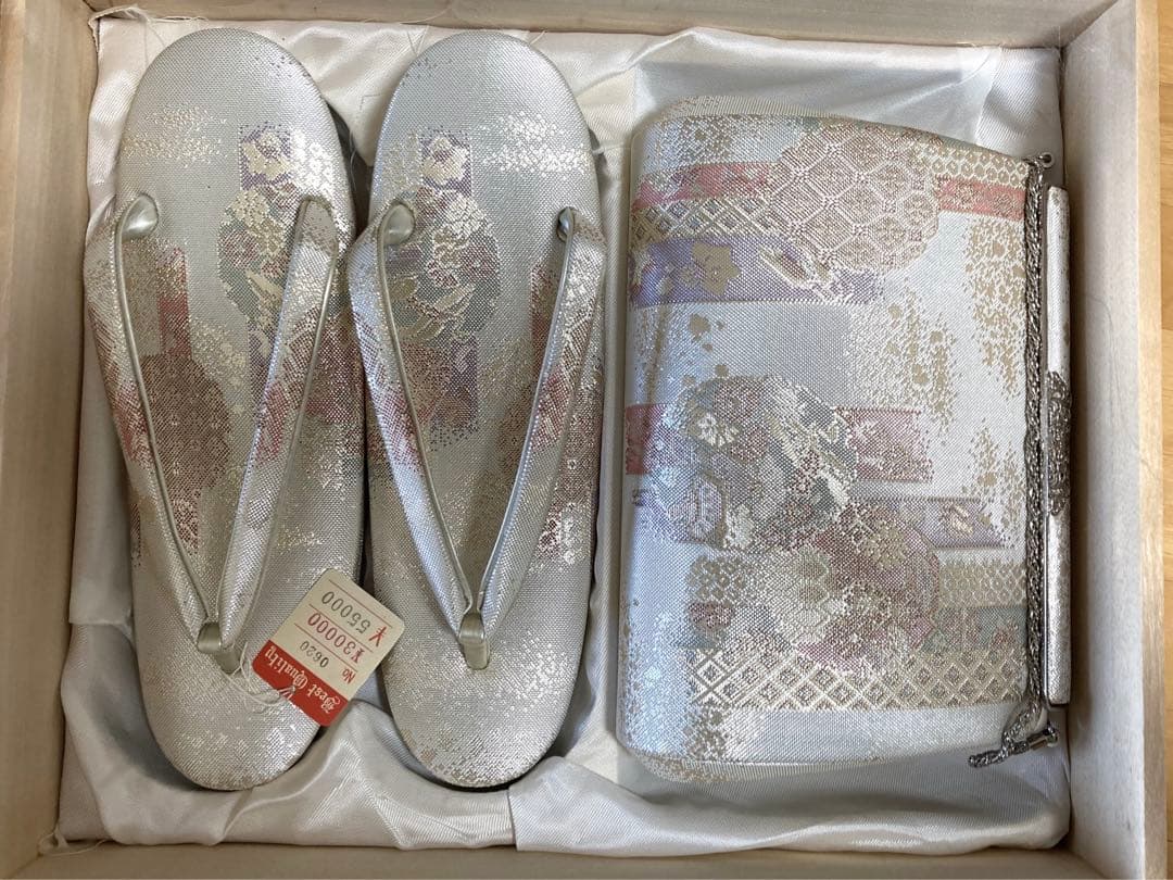 寒色　織の花柄 草履とバッグセット