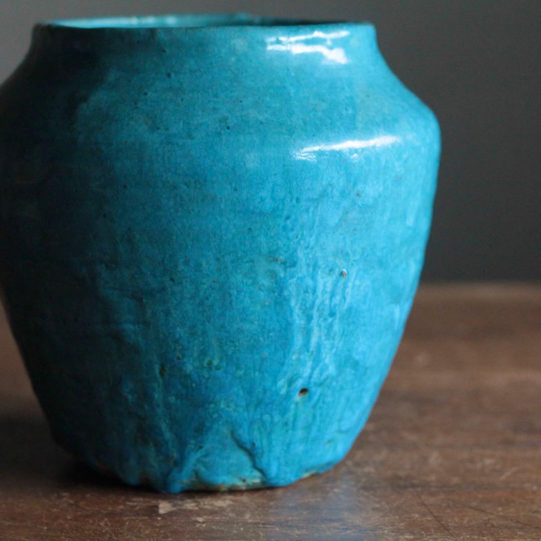 鮮やかな ターコイズブルー 壺 古道具 アンティーク 花器