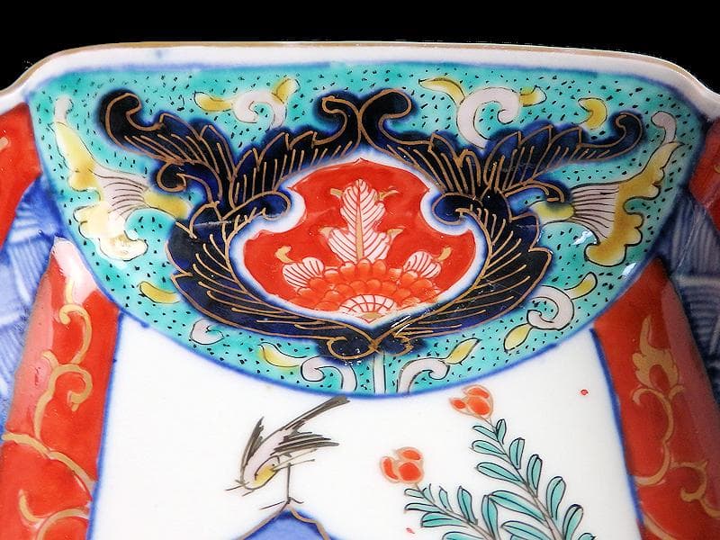 古伊万里　色絵　窓絵　花鳥紋の図　四方角皿　5客　1221AS-BFg
