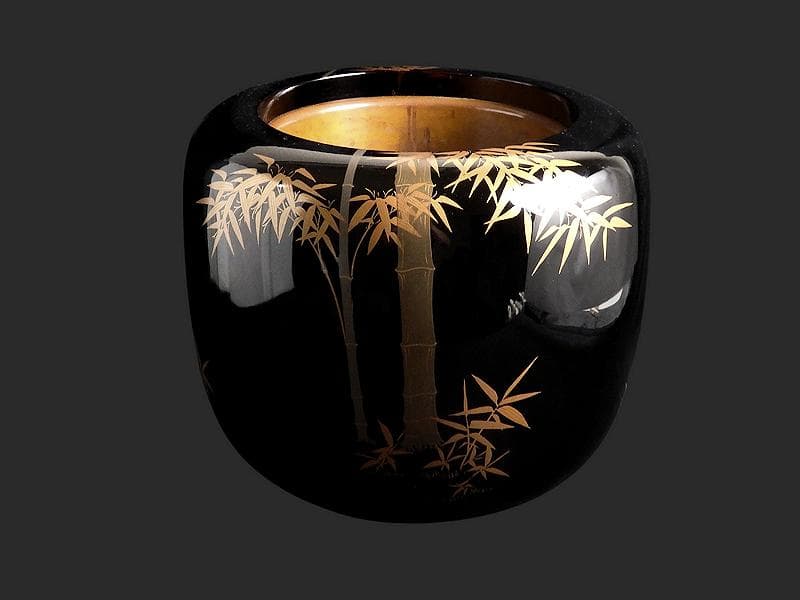 京塗師　岡田表寛造　金蒔絵　竹笹の図　火鉢　共箱　AS-DAx
